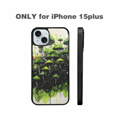 iPhone 15 Plus Case — Rainbow Drip Mushrooms Black Green Ink, Unique Phone Case Design