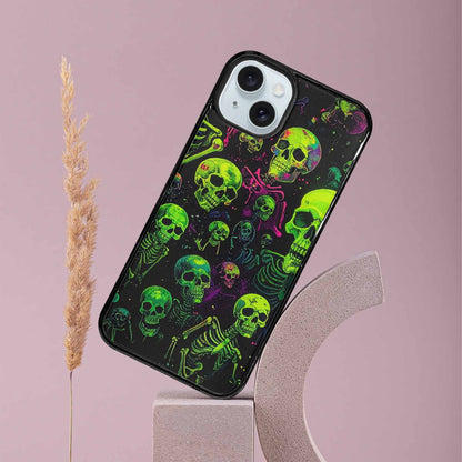 iPhone 15 Plus Case — Skeletons Neon Green Glow Skeletons Pattern, Custom Print Case Cover
