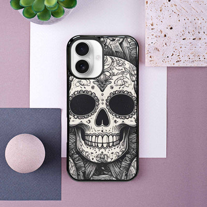 iPhone 16 Case — Intricately Detailed Sugar Skulls In Black, Customized Protective Case