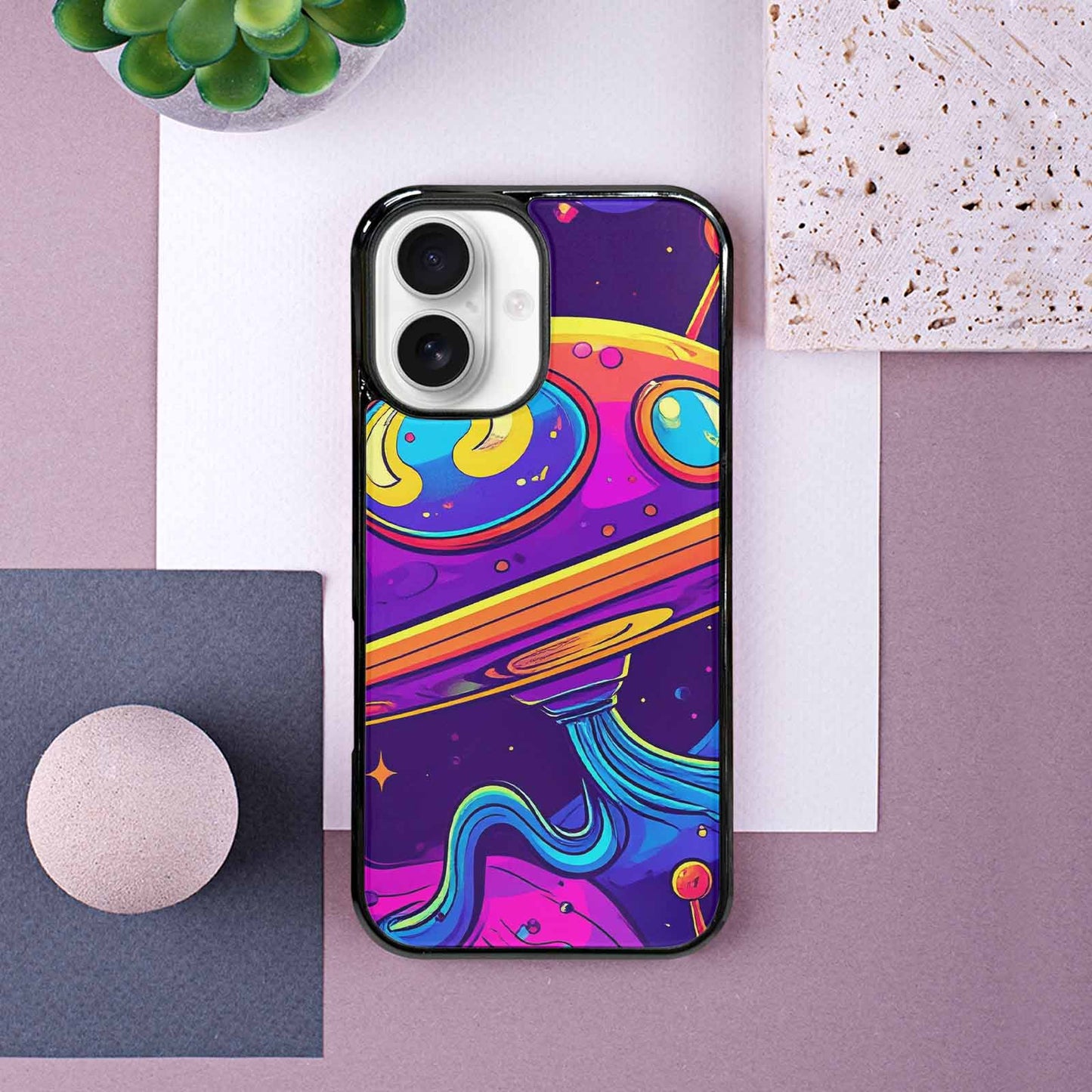 iPhone 16 Case — Alien Ufo Cartoon Art Pattern Groovy, Personalized Phone Case