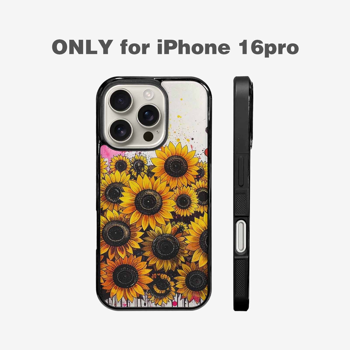 iPhone 16 Pro Case — Sunflower Burst Black Pink Ink Sunflowers, Custom Print Case Cover
