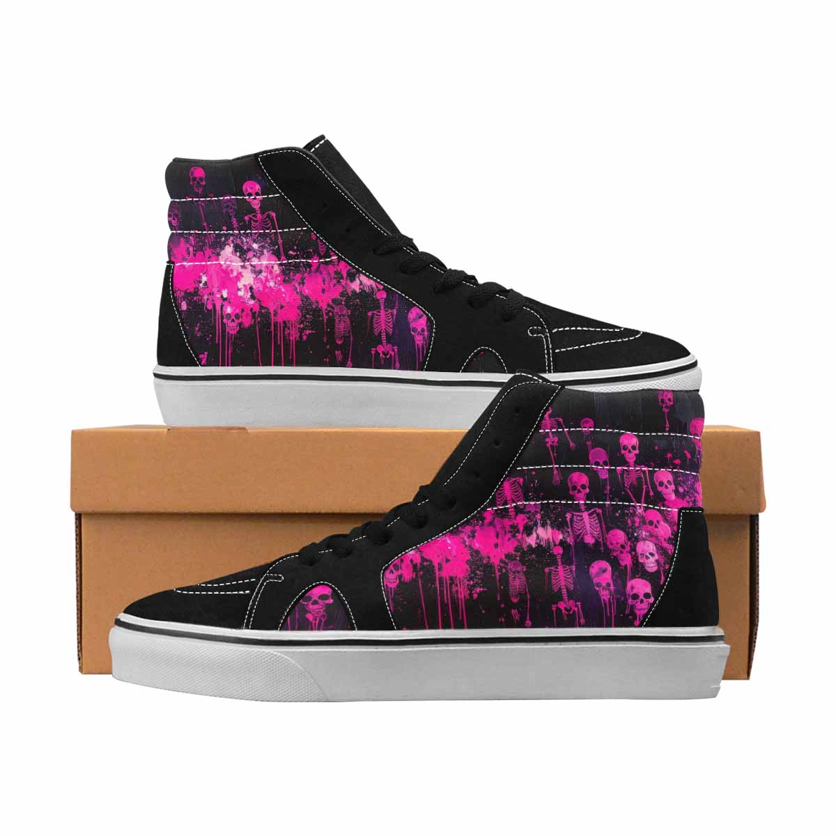 MEN'S Skulls Neon Pink Glow High Top Canvas One Of A Kind Wallpaper Art Custom Kicks
