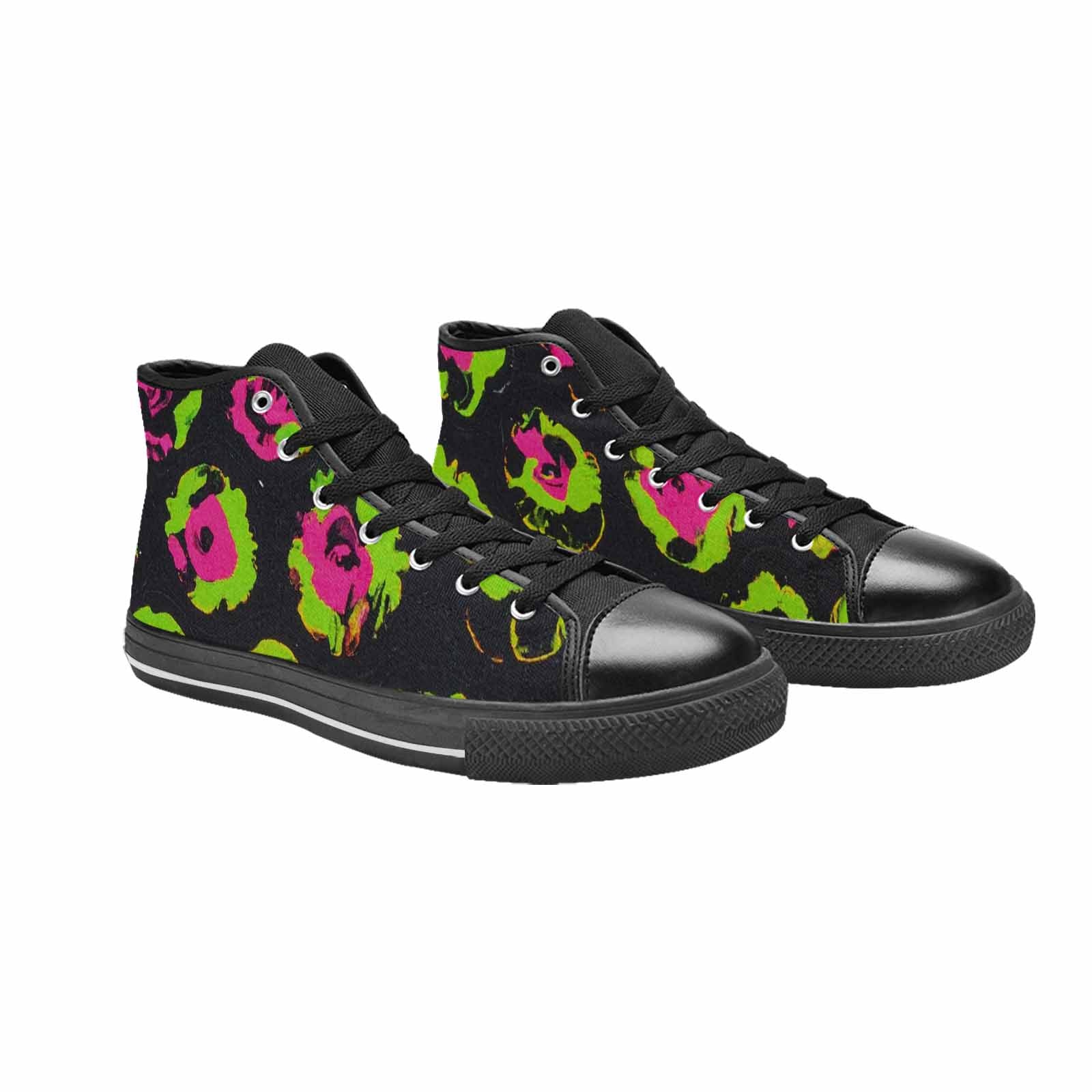 WOMEN'S Leopard Neon Rosette Black High Top Canvas Surreal Sneakers