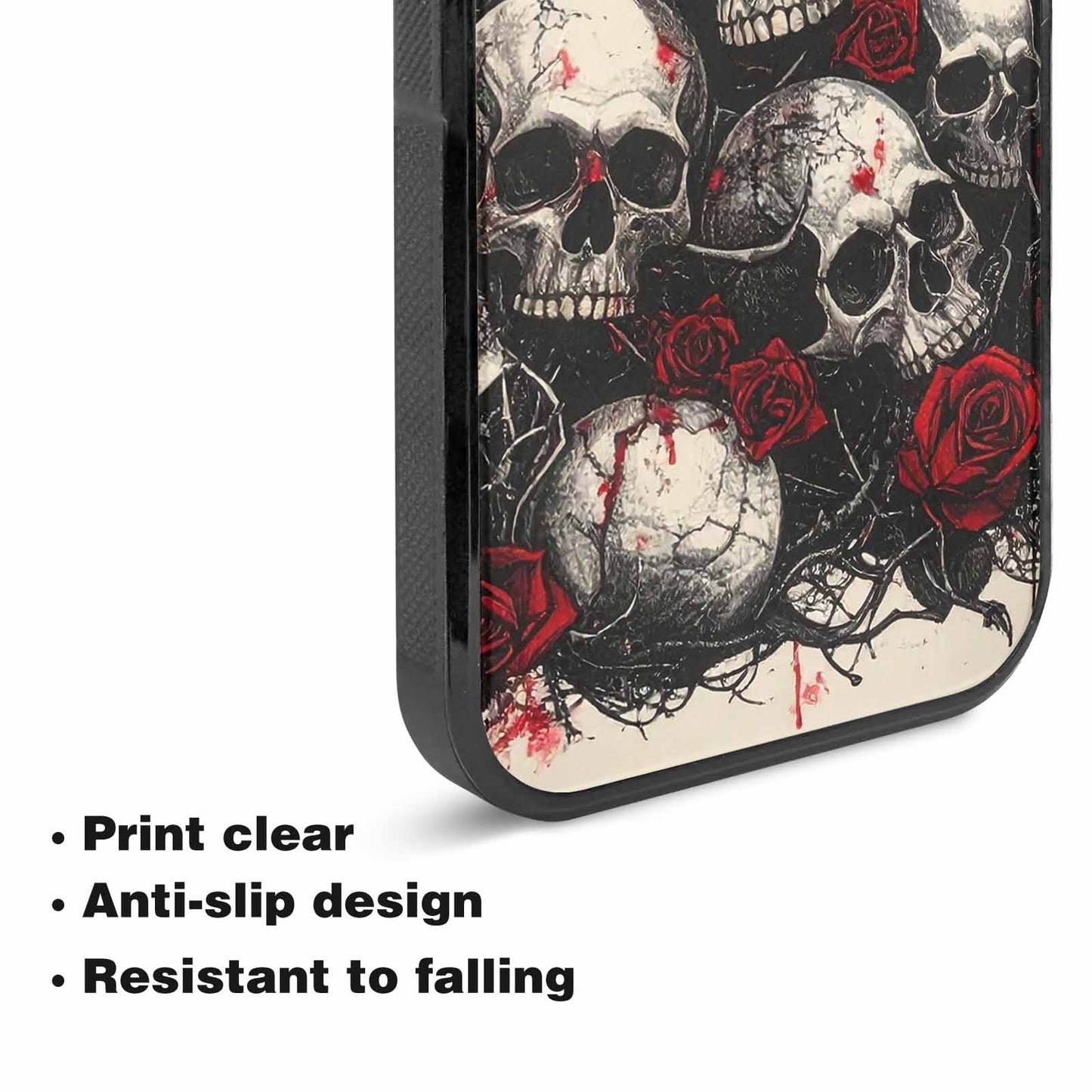 iPhone 15 Plus Case — Skull And Roses Black Red Ink, Custom Made Phone Cover