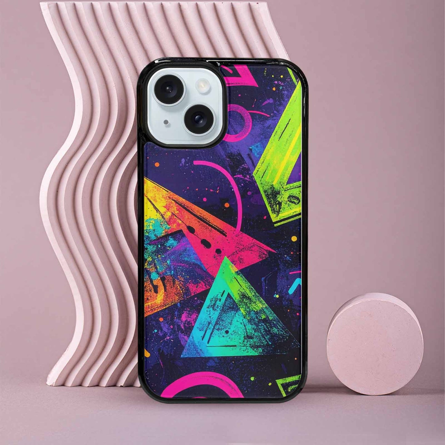 iPhone 15 Case — Memphis Squiggles Triangles Dots, Custom Designed Case Cover