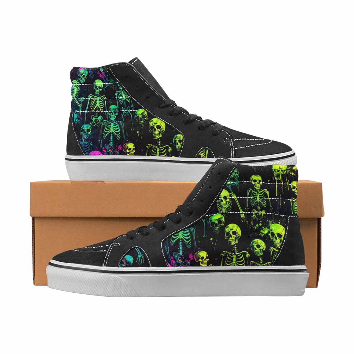 WOMEN'S Skulls Neon Green Glow High Top Canvas Statement Wallpaper Art Custom Art Shoes
