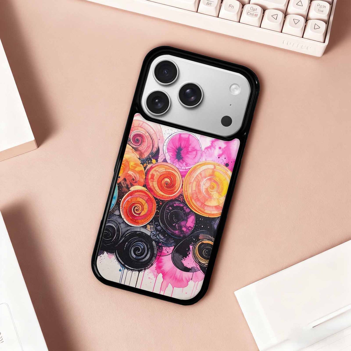 iPhone 17 Pro Case — Tie Dye Swirls Black Pink Tie, Custom Designed Case Cover
