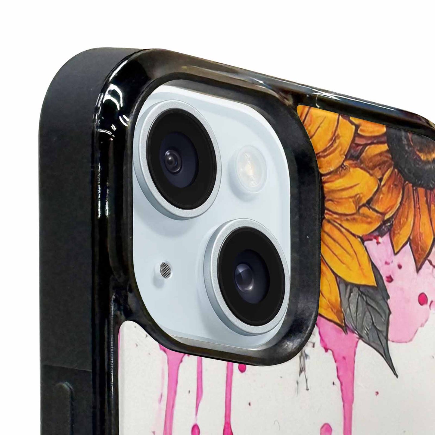 iPhone 15 Plus Case — Sunflower Burst Black Pink Ink Sunflowers, Custom Phone Case