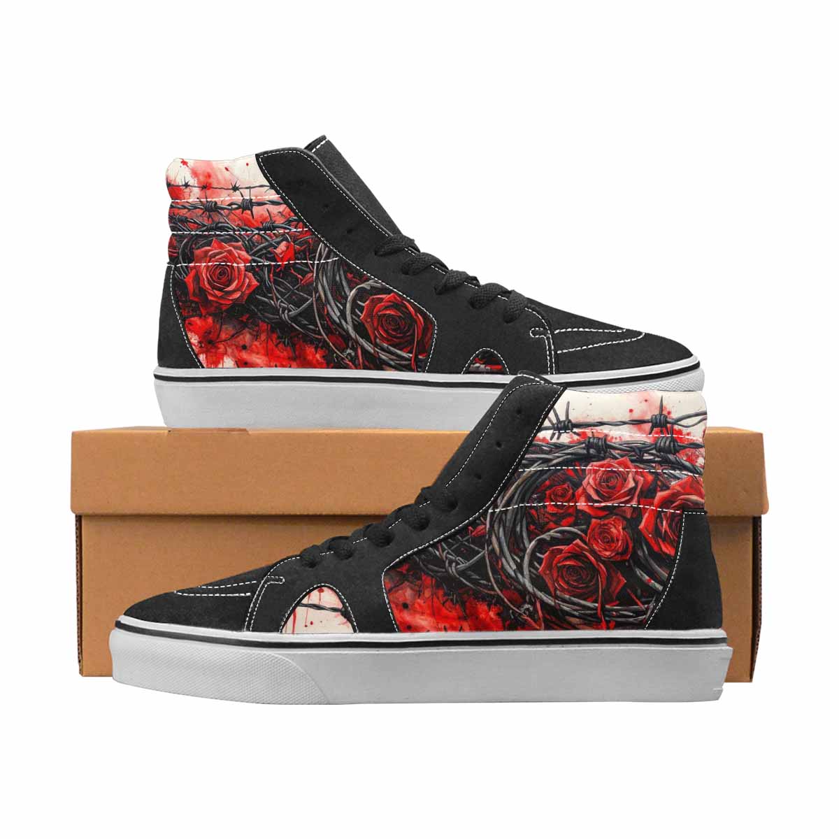 WOMEN'S Barbed Wire Black & Red Ink High Top Canvas Personalized Grunge Limited Edition Sneakers