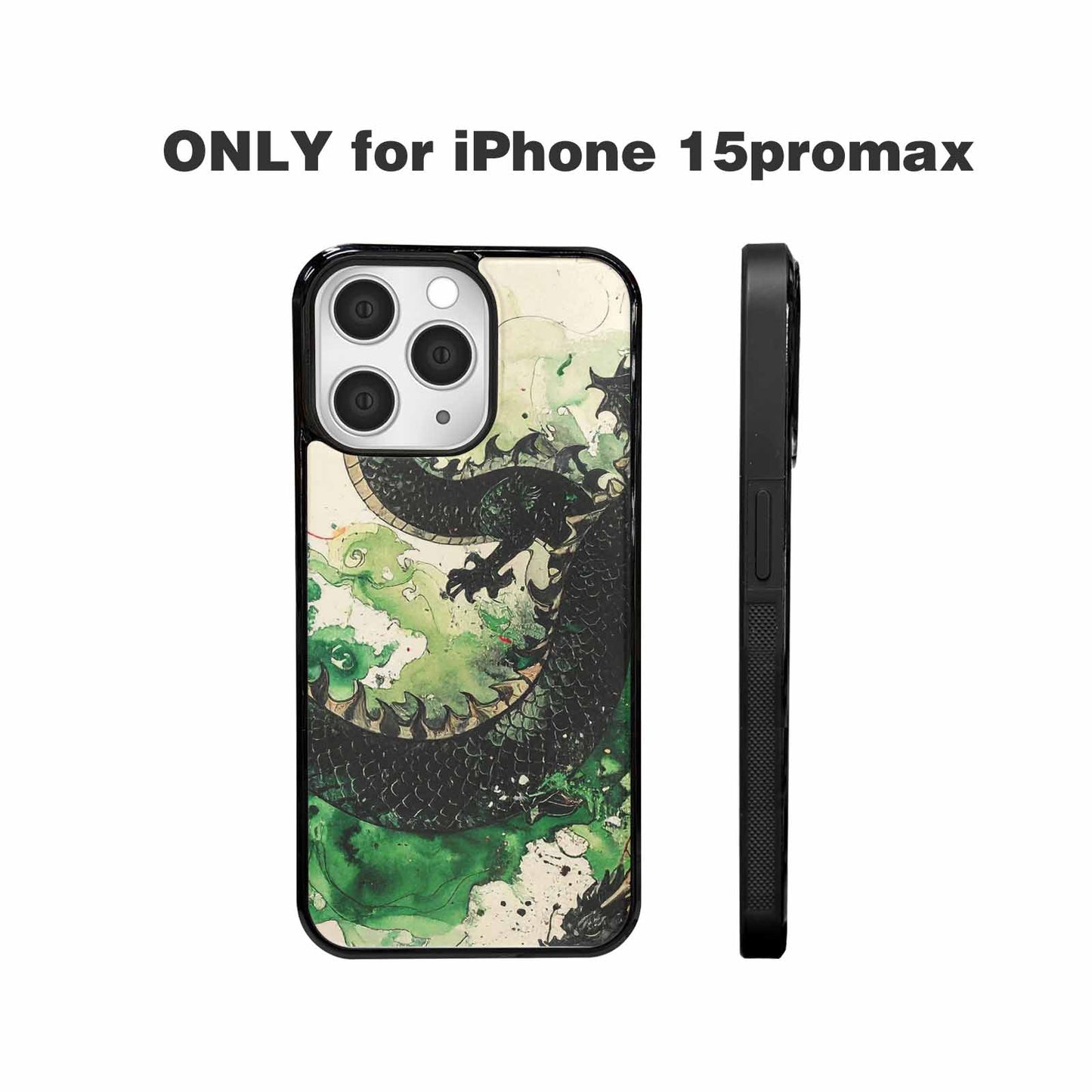iPhone 15 Pro Max Case — Dragon Scale Black Green Ink Dragons, Custom Printed Phone Case