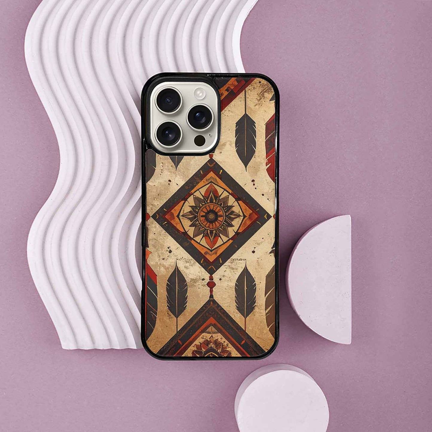 iPhone 16 Pro Max Case — Native American Geometric Pattern Arrows Feathers, Custom Art Phone Cover