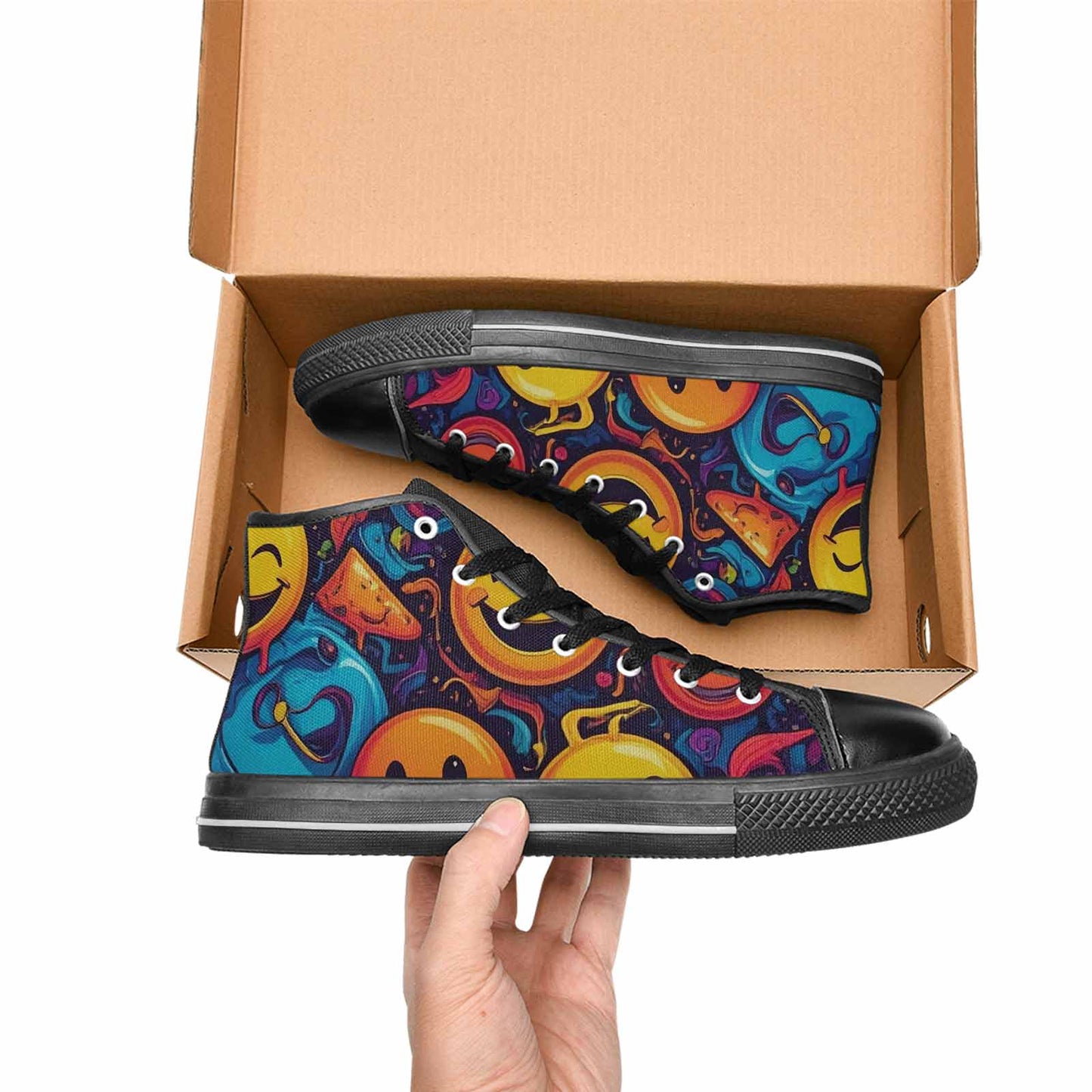 MEN'S Yellow Smiley Face High Top Canvas Vibrant Chaos Custom Sneakers