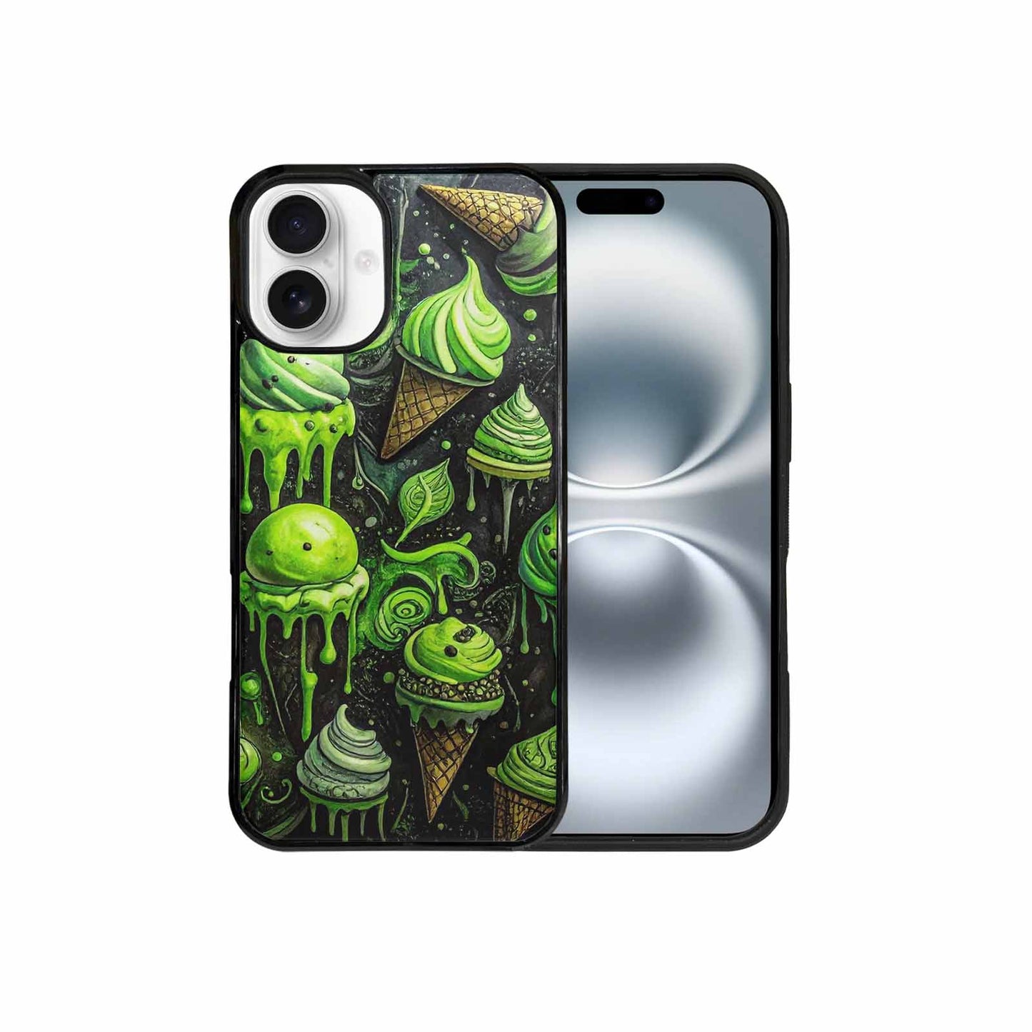iPhone 16 Plus Case — Ice Cream Motif Black Green Ink, Custom Made Phone Cover