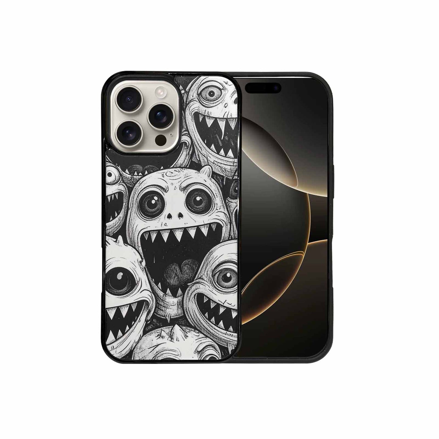 iPhone 16 Pro Max Case — Black And White Monster Face Collage, Custom Printed Phone Case