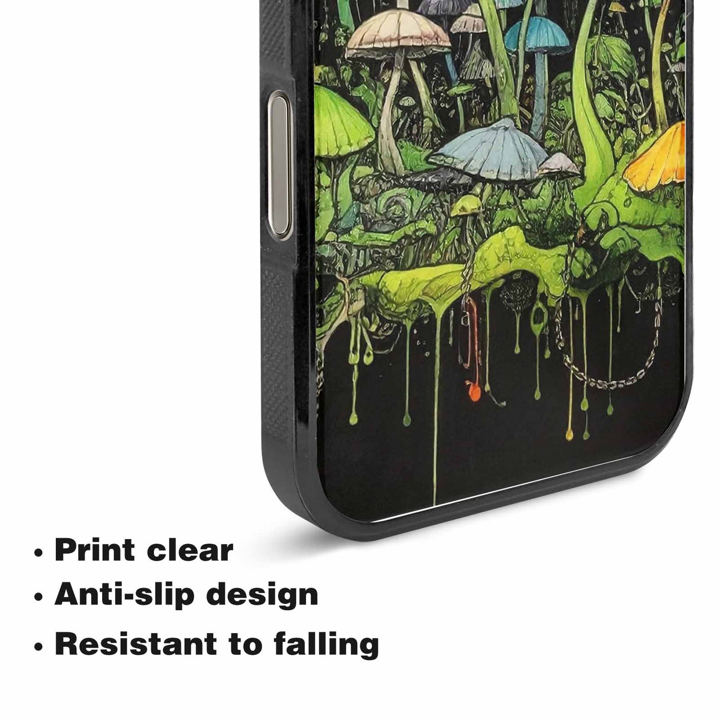 iPhone 15 Pro Max Case — Rainbow Drip Mushrooms Black Green Ink, Unique Phone Case Design