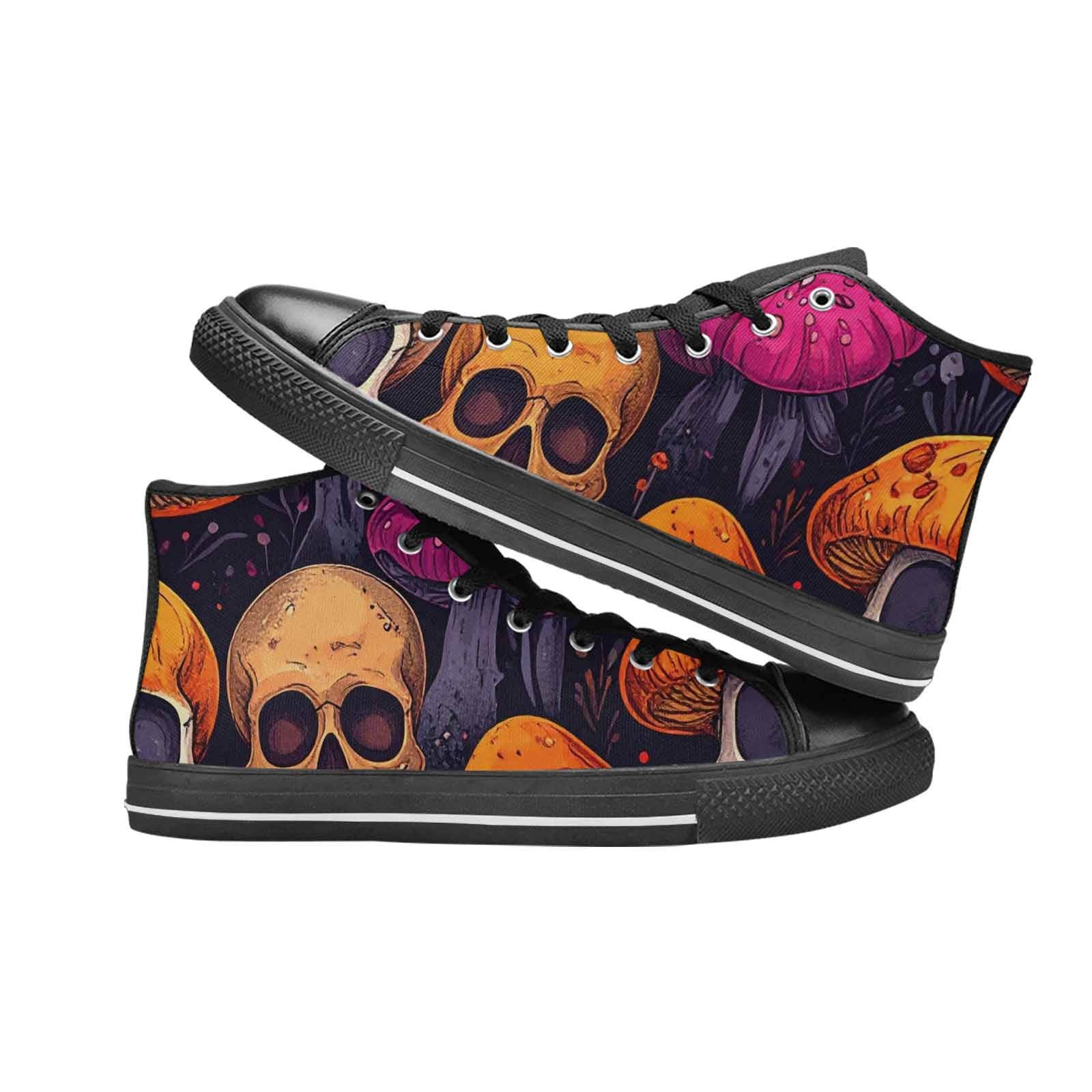 WOMEN'S Mushroom Skulls High Top Canvas Neon Fantasy Sneakers