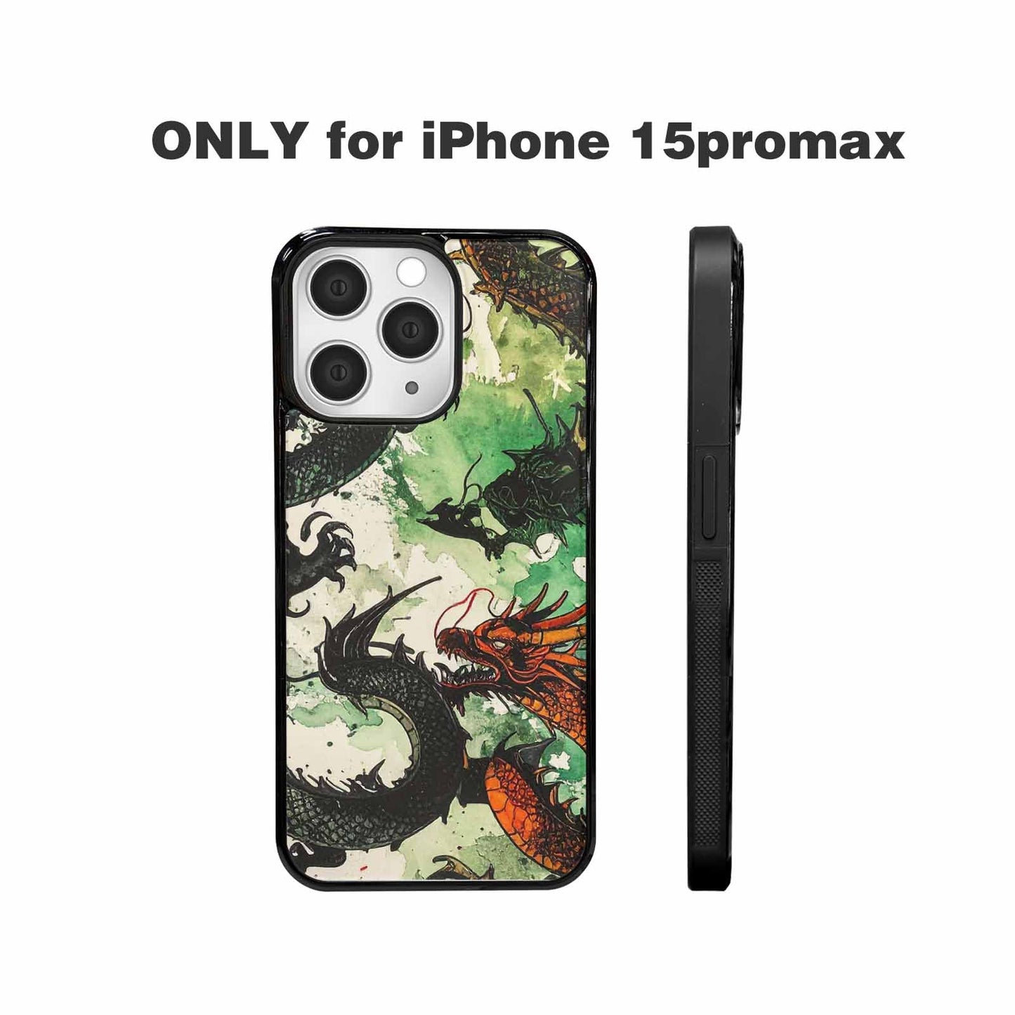 iPhone 15 Pro Max Case — Dragon Scale Black Green Ink Dragons, Unique Phone Case Design