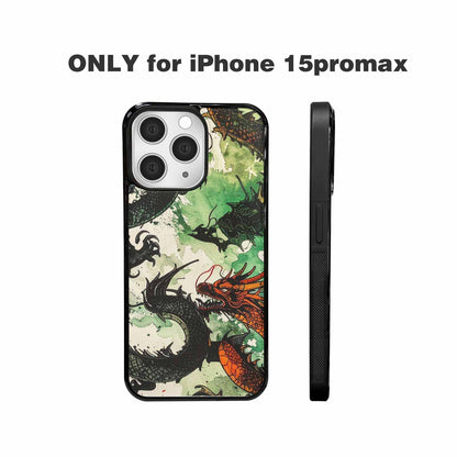 iPhone 15 Pro Max Case — Dragon Scale Black Green Ink Dragons, Unique Phone Case Design