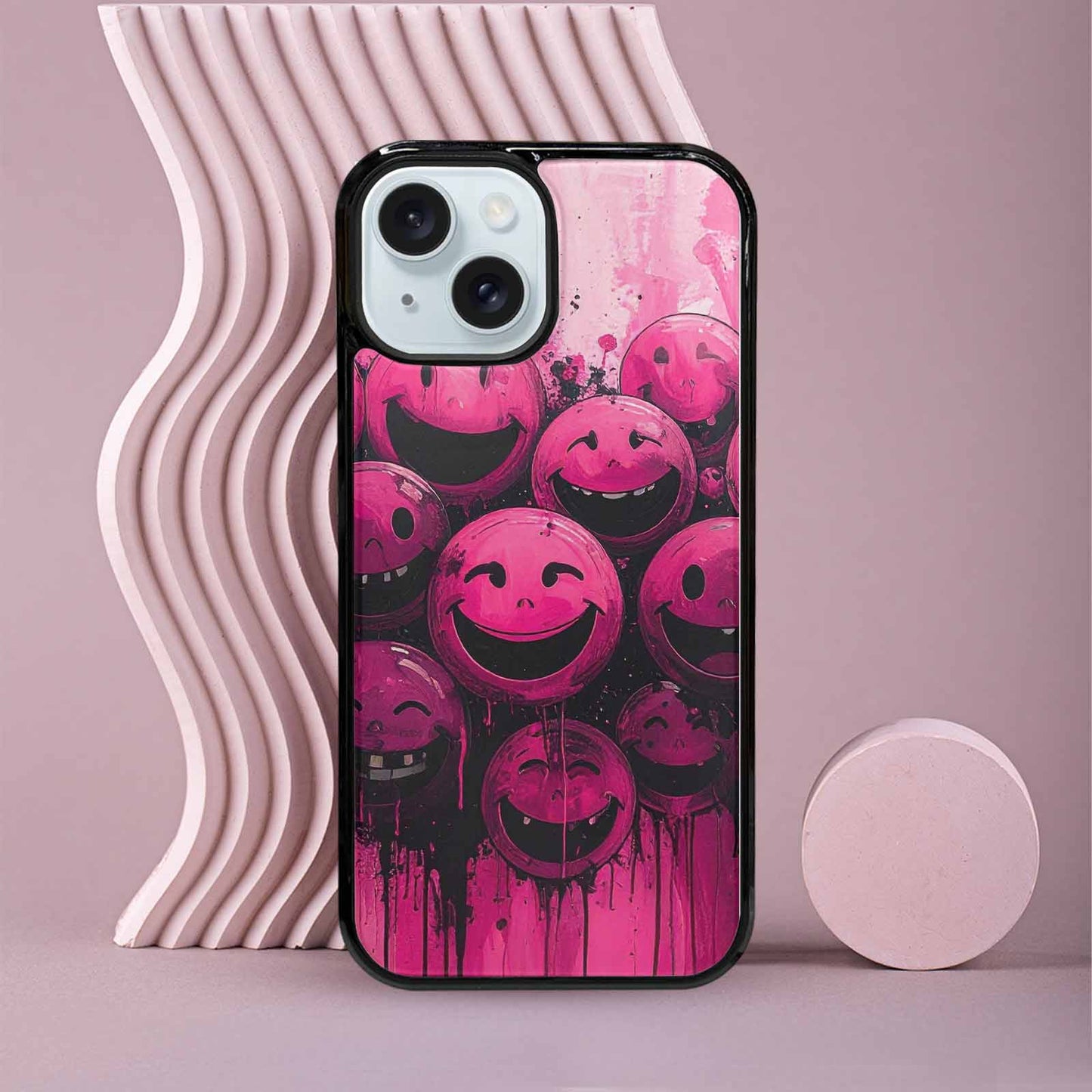 iPhone 15 Case — Melting Moon Smiley Black Pink Ink, Custom Printed Phone Case