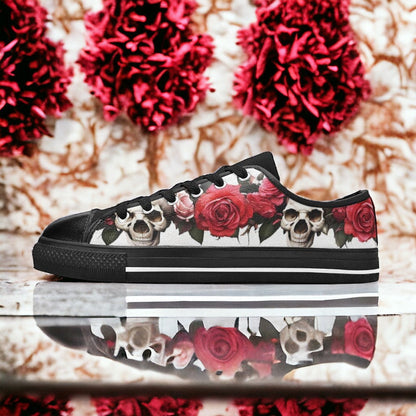 Men's Skulls Roses Deluxe high-top canvas shoes, custom full-wrap printed design — Freaky Shoes