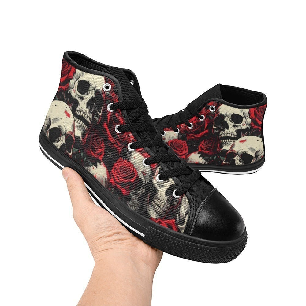 Freaky Shoes custom art sneakers with skull and red rose print, made to order wearable art