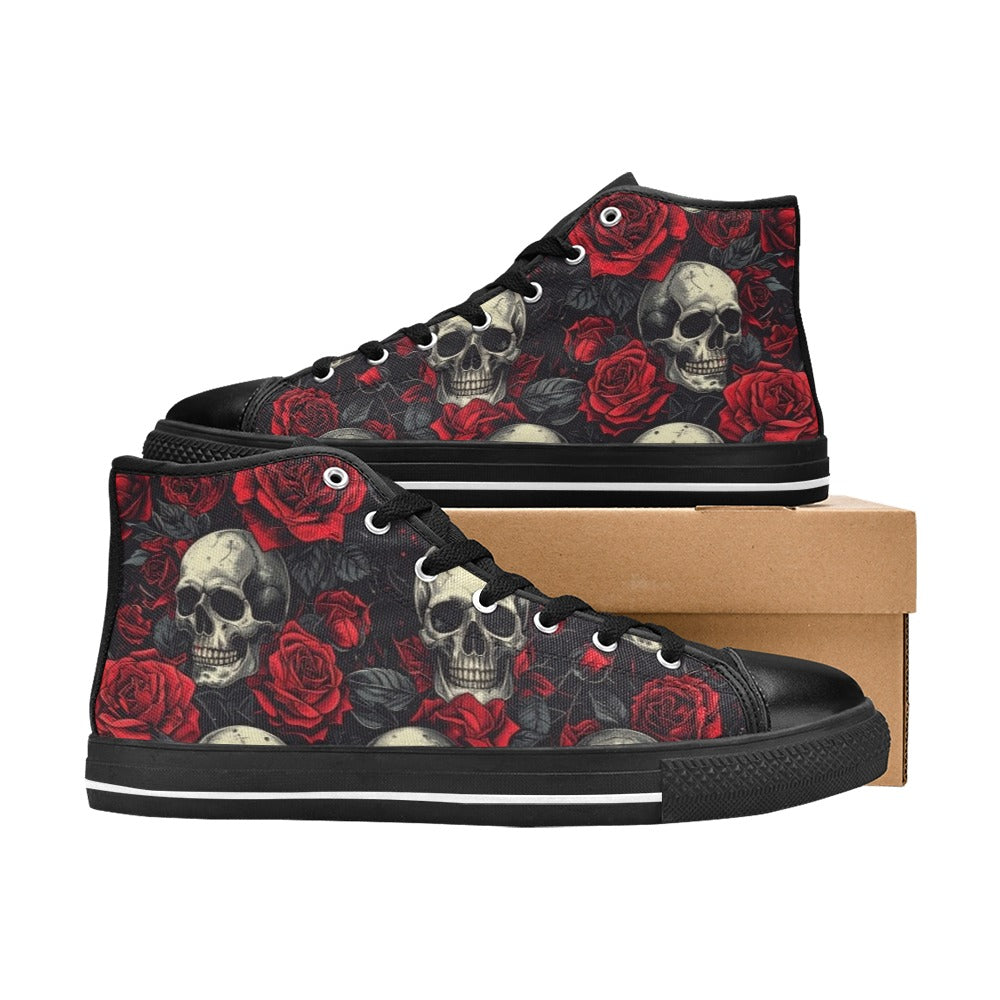WOMEN'S Skull And Roses High Top Canvas Vivid Custom Sneakers