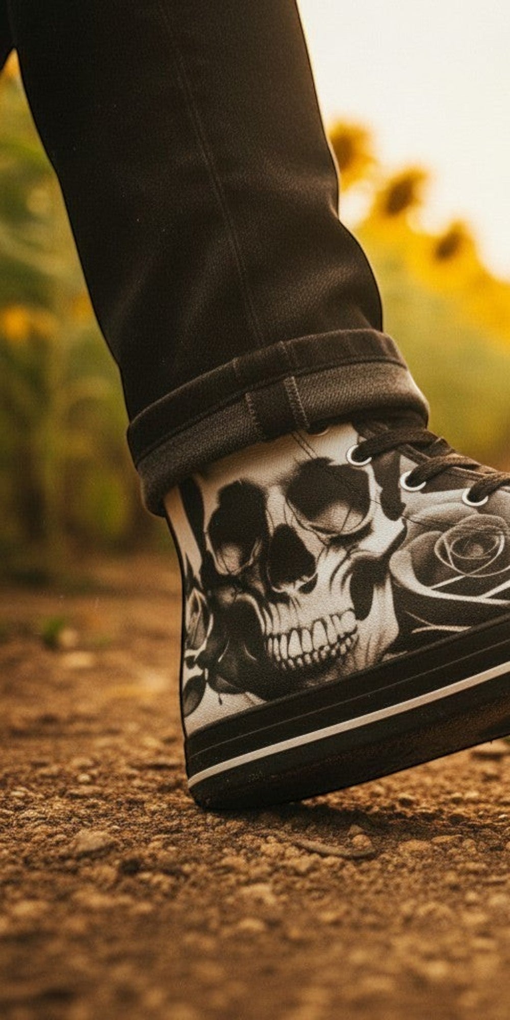 Men's Cartoon Skulls & Roses Black & White hand-made high-top canvas shoes — unique wearable art by Freaky Shoes