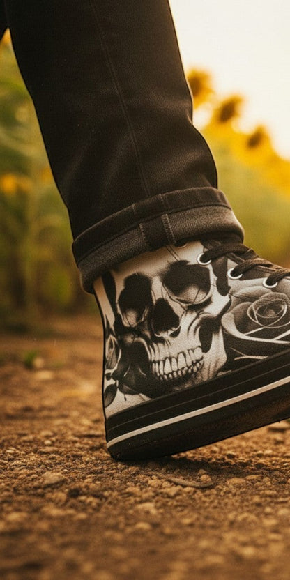 Men's Cartoon Skulls & Roses Black & White hand-made high-top canvas shoes — unique wearable art by Freaky Shoes