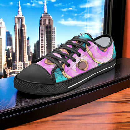 Donut Art hand-made low-top canvas shoes — unique wearable art by Freaky Shoes