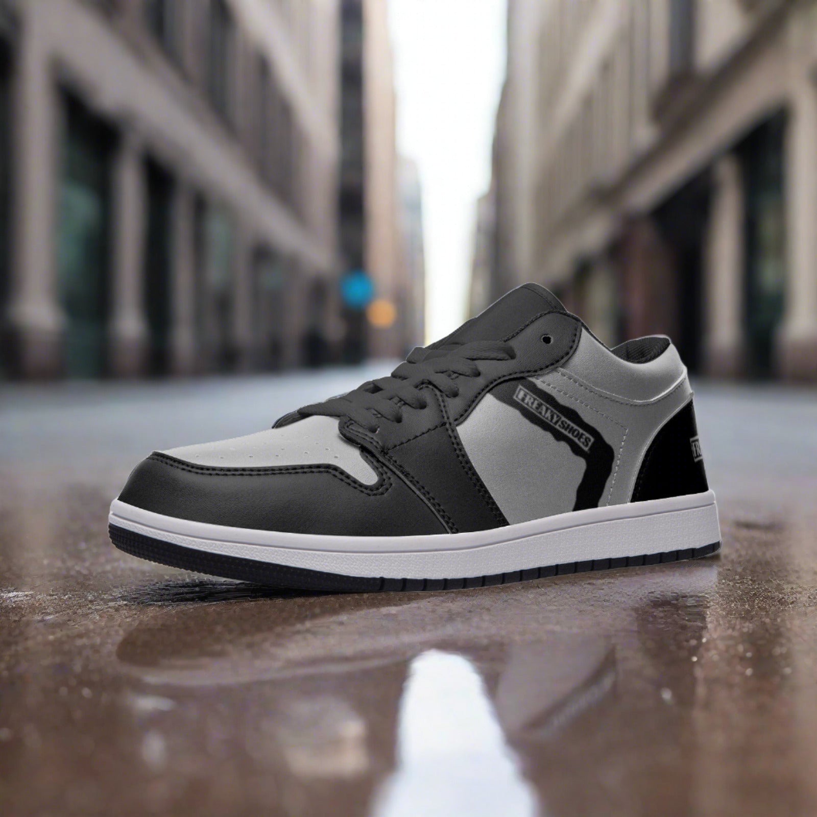 Freaky Shoes® Black & Grey Unisex Low Top Leather Sneakers - Freaky Shoes®