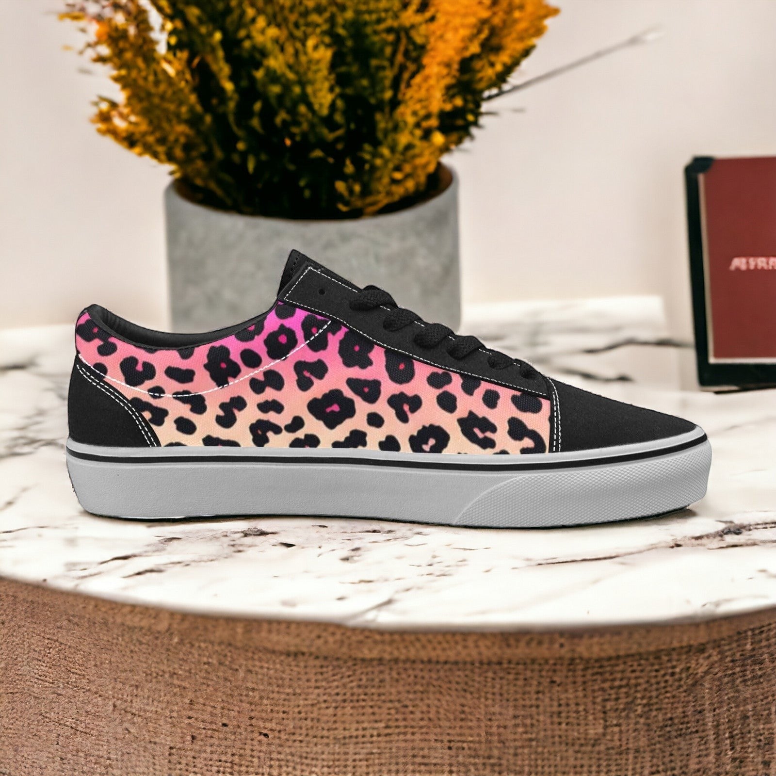 Custom Men's Gradient Leopard low-top canvas shoes with bold all-over art — Freaky Shoes