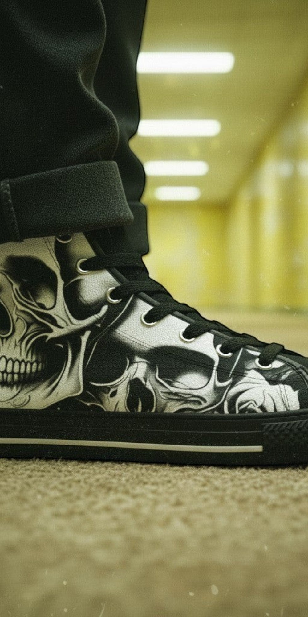 Men's Cartoon Skulls & Roses hand-made high-top canvas shoes — unique wearable art by Freaky Shoes