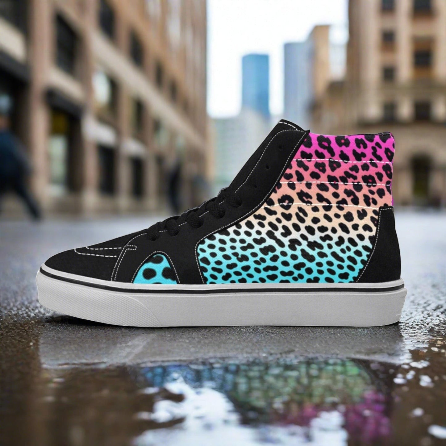 Men's Gradient Leopard high-top canvas shoes, custom full-wrap printed design — Freaky Shoes