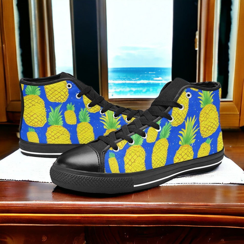 Women's More Pineapples hand-made high-top canvas shoes — unique wearable art by Freaky Shoes
