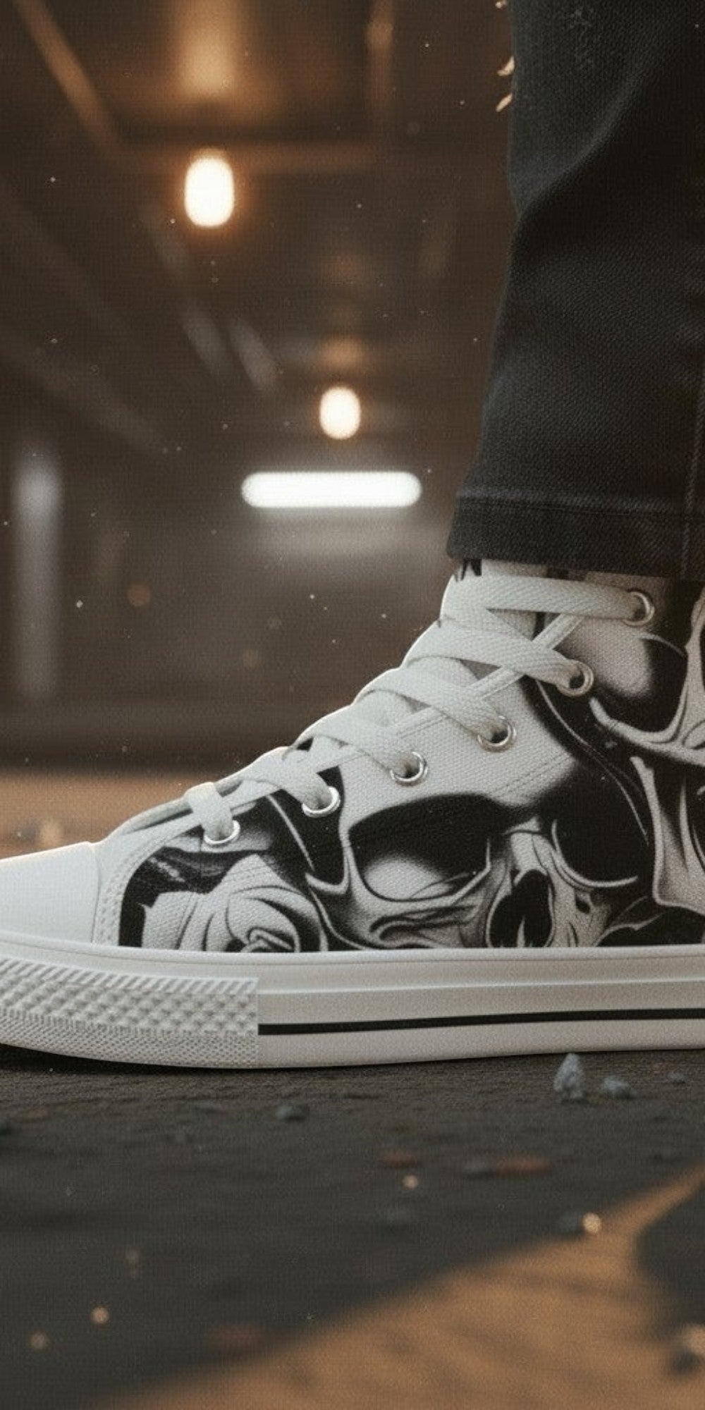 Custom Men's Cartoon Skulls & Roses high-top canvas shoes with bold all-over art — Freaky Shoes