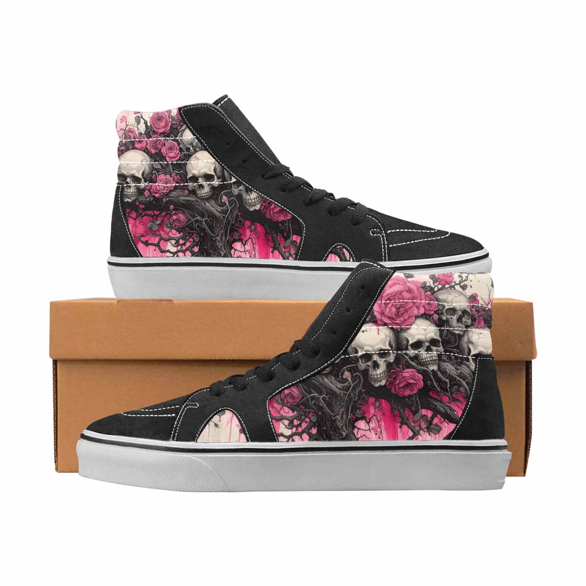 WOMEN'S Skulls Black & Pink Ink High Top Canvas Custom Design Cottagecore Custom Canvas Shoes