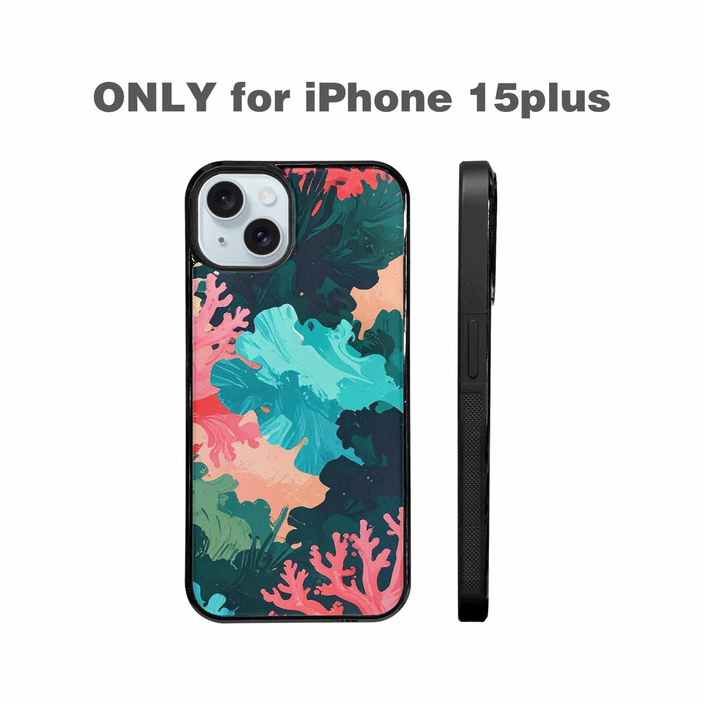 iPhone 15 Plus Case — Camo Coral Turquoise, Original Design Phone Case