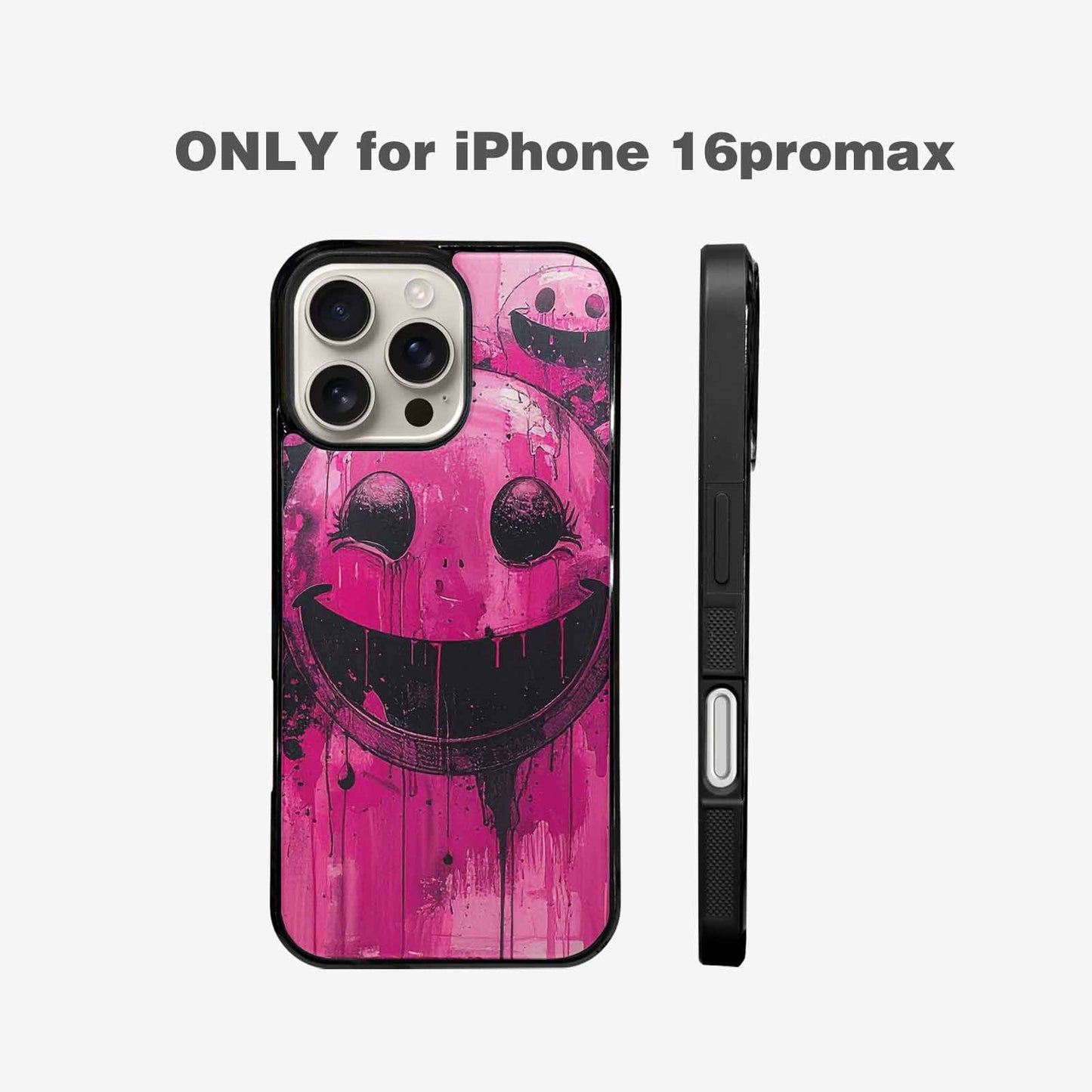 iPhone 16 Pro Max Case — Melting Moon Smiley Black Pink Ink, Personalized Phone Case