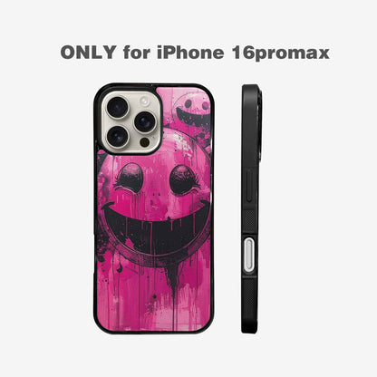 iPhone 16 Pro Max Case — Melting Moon Smiley Black Pink Ink, Personalized Phone Case