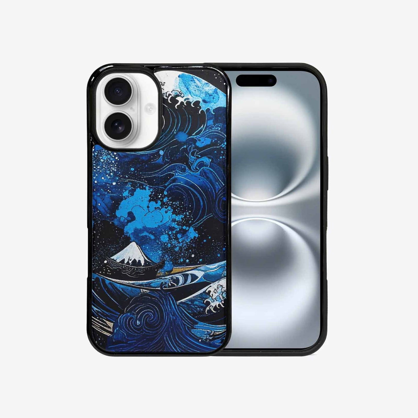iPhone 16 Case — Nautical Wave Black Blue Ink Wave, Custom Phone Case