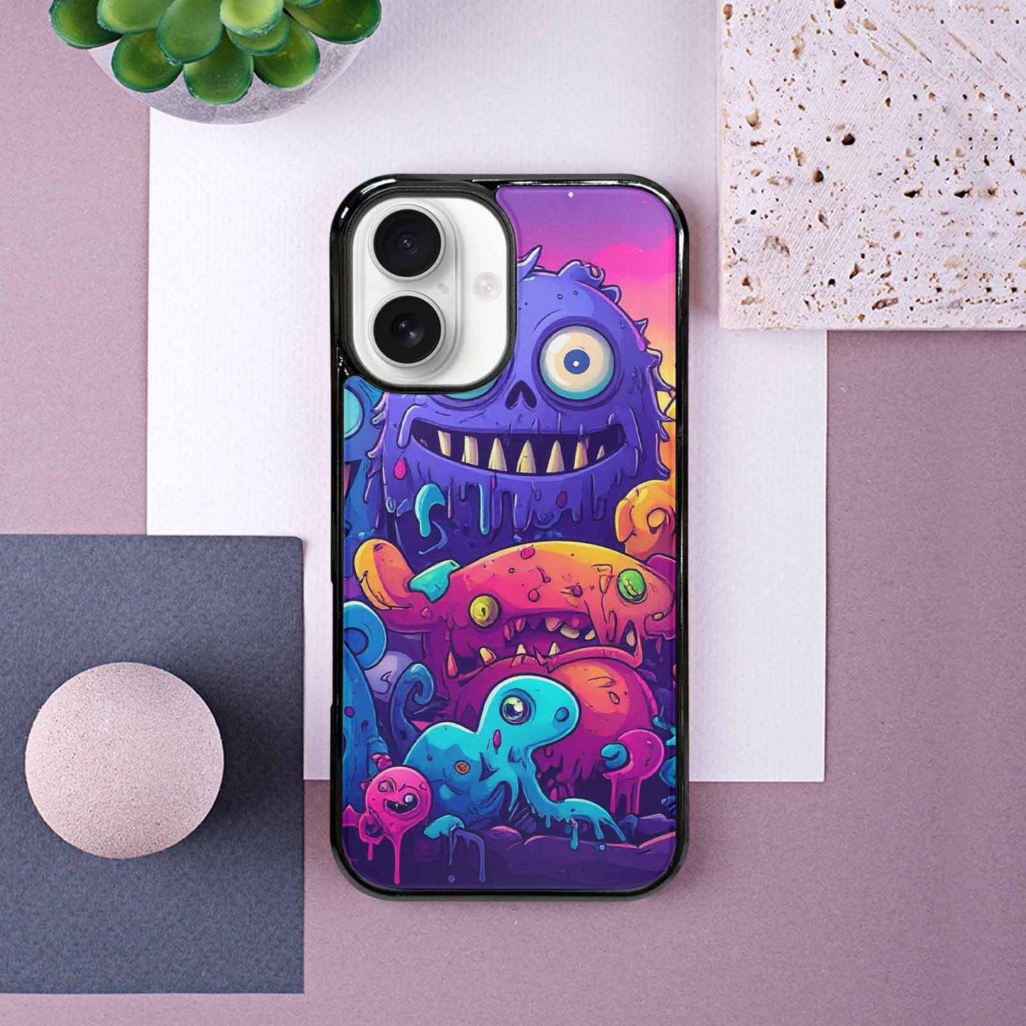 iPhone 16 Case — Overlapping Endlessly No Empty Space Monsters, Custom Printed Phone Case
