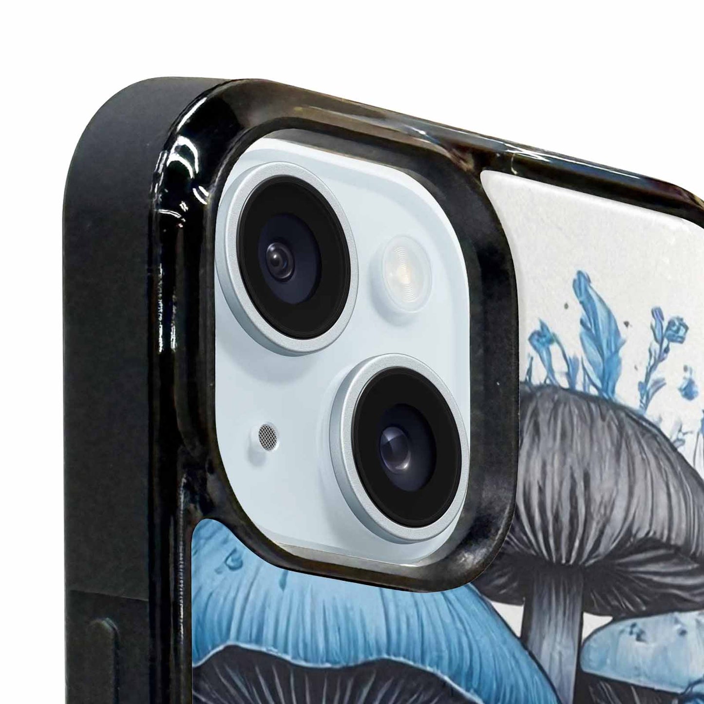 iPhone 15 Plus Case — Mushrooms General Black Blue Ink Mushrooms, Custom Art Phone Cover