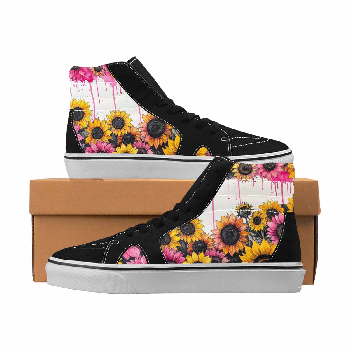 MEN'S Sunflowers Black & Pink Ink High Top Canvas Boutique Melting Art Handmade Custom Shoes
