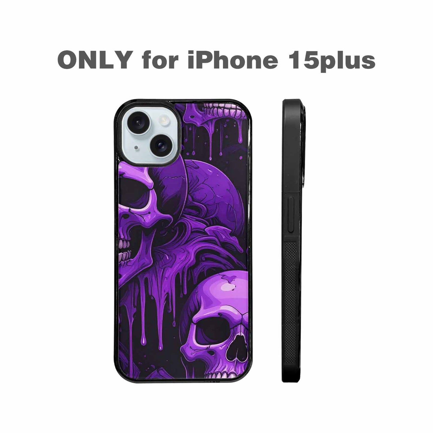iPhone 15 Plus Case — Monochrome Purple Skeletons Neon Drip Melting, Original Design Phone Case