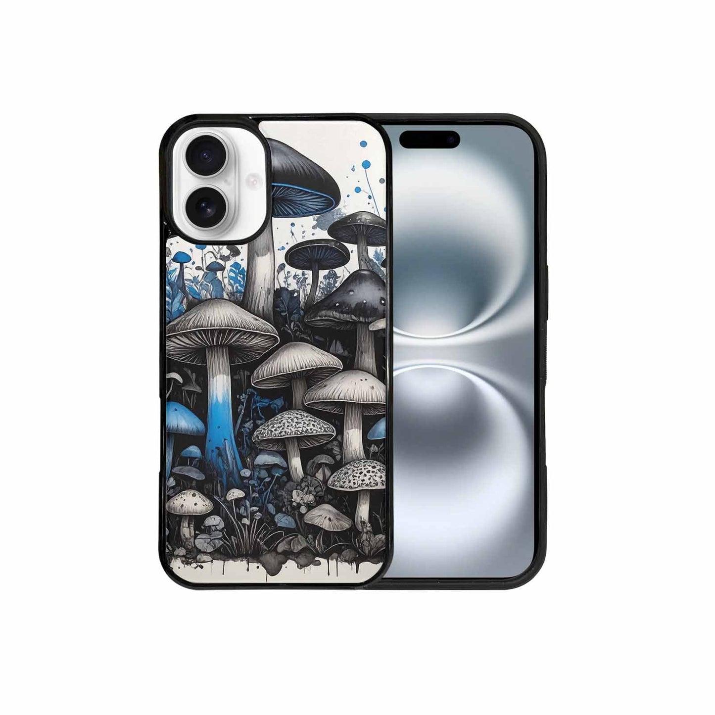 iPhone 16 Plus Case — Mushrooms General Black Blue Ink Mushrooms, Custom Designed Case Cover