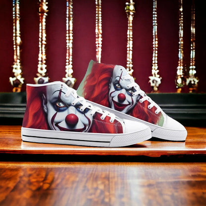 Scary Clown hand-made high-top canvas shoes — unique wearable art by Freaky Shoes