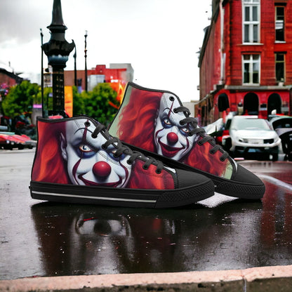 Scary Clown high-top canvas shoes, custom full-wrap printed design — Freaky Shoes