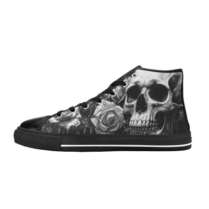 Dark Greyscale Gothic Skull Men's High Top Canvas Shoes | Freaky Shoes®