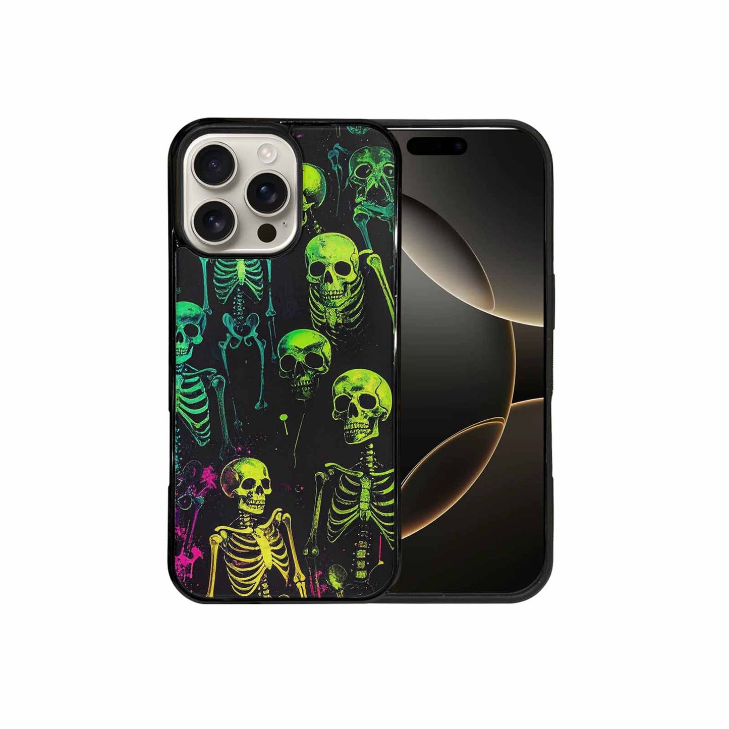 iPhone 16 Pro Max Case — Skeletons Neon Green Glowskele, Custom Phone Case