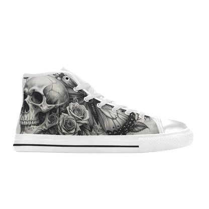 Monochrome Skull & Rose Men's Dark Gothic High Top Canvas Shoes | Freaky Shoes®